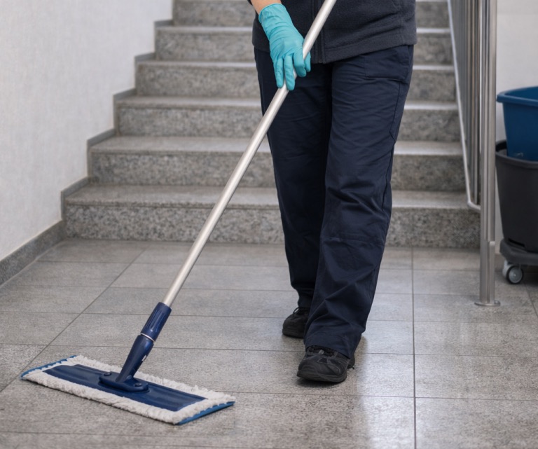 Treppenhausreinigung mit Wischmopp